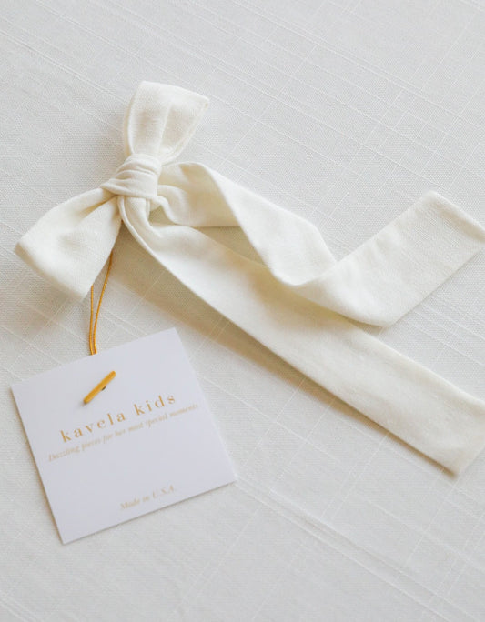 White Linen long tail bow / Ribbon bow style – kavela kids